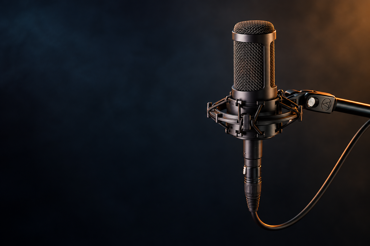 Studio condenser microphone in a shock mount, lit against a dark background
